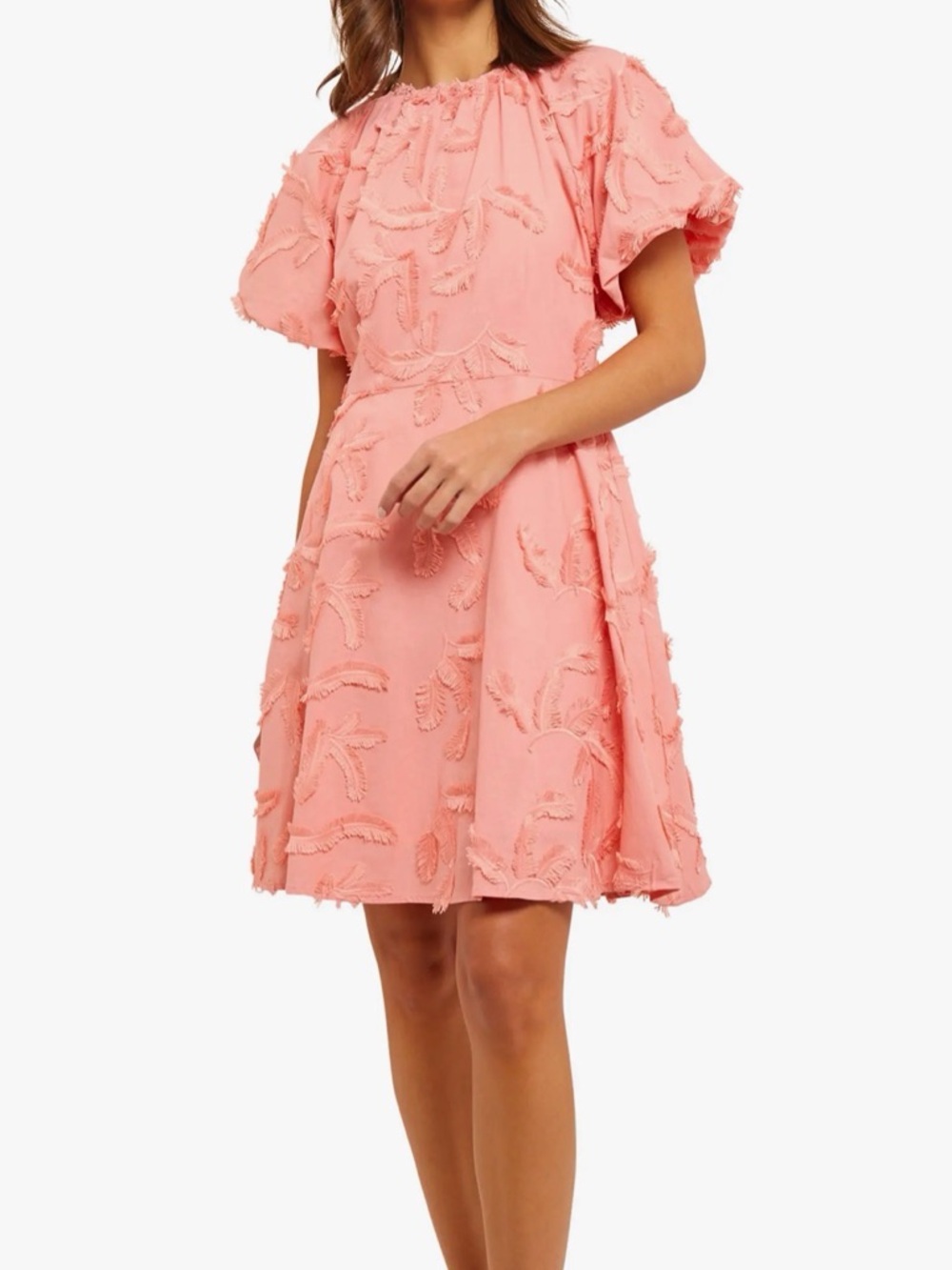 Nordstrom Coral Textured Puff-Sleeve A-Line Mini Dress